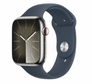   Apple Watch Series 9 GPS + Cellular, 45mm Stainless Steel Case with Storm Blue Sport Band M/L